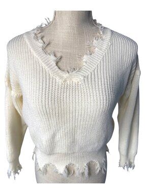 Distressed White Knit Sweater With Frayed Edges & V-Neck S
